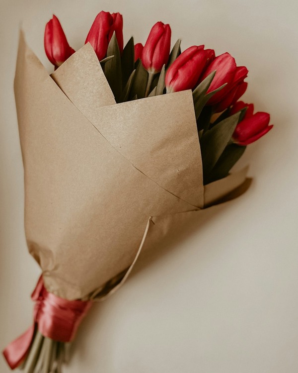Tulipanes rojos envueltos en papel kraft con cinta roja